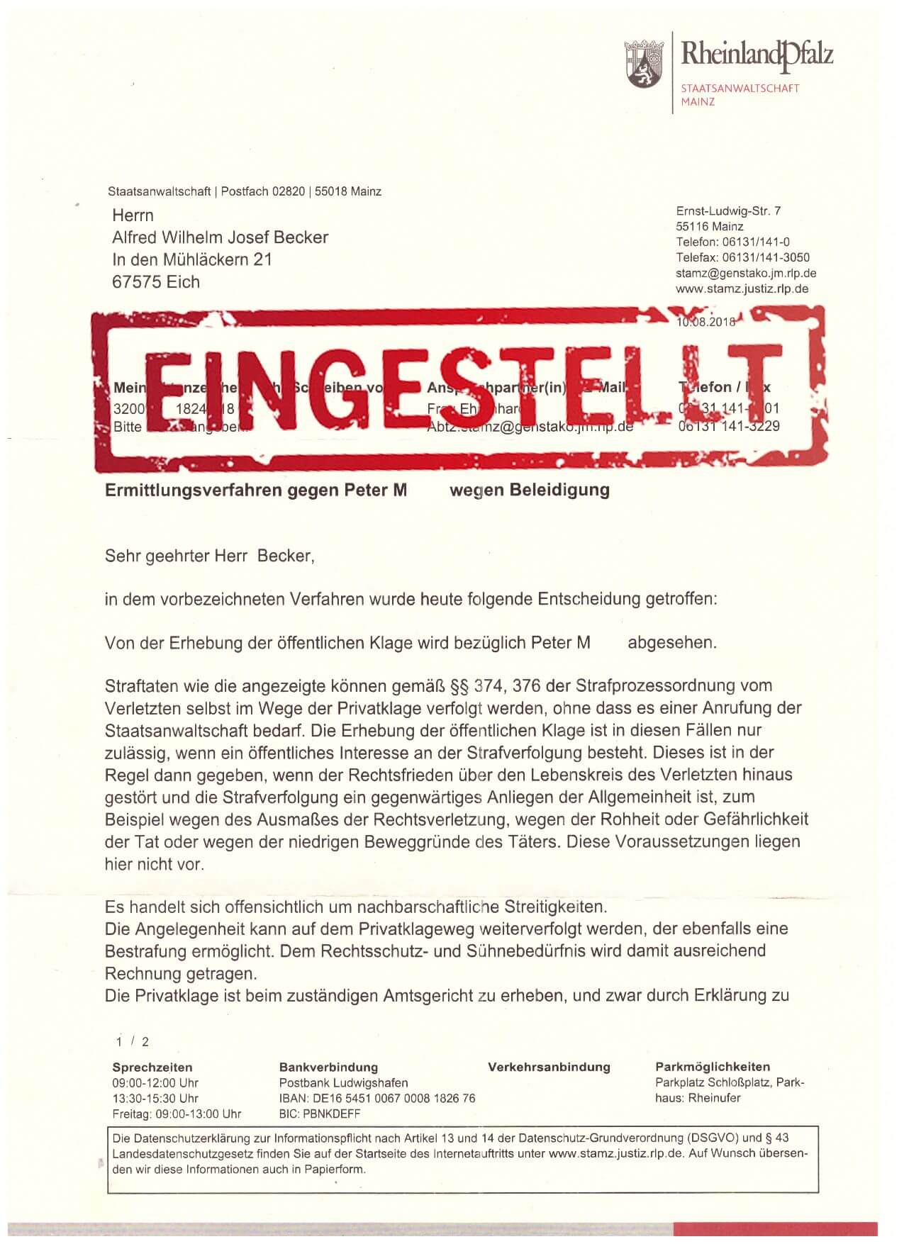 Staatsanwaltschaft Mainz stellt Ermittlungen wegen Beleidigung eines Nachbarn in der VG Eich ein OSta Hofius