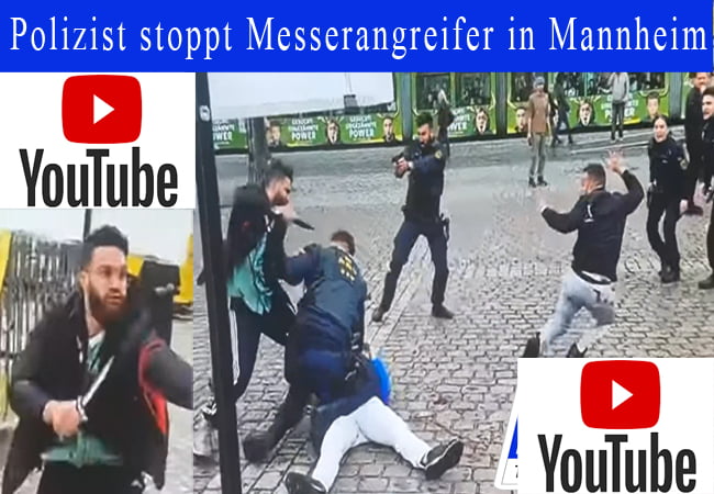 Polizist stoppt Messerangreifer in Mannheim - Islamkritiker, Stürzenberger und Polizist verletzt. Islamischer Täter läuft am Marktplatz Amok-youtube